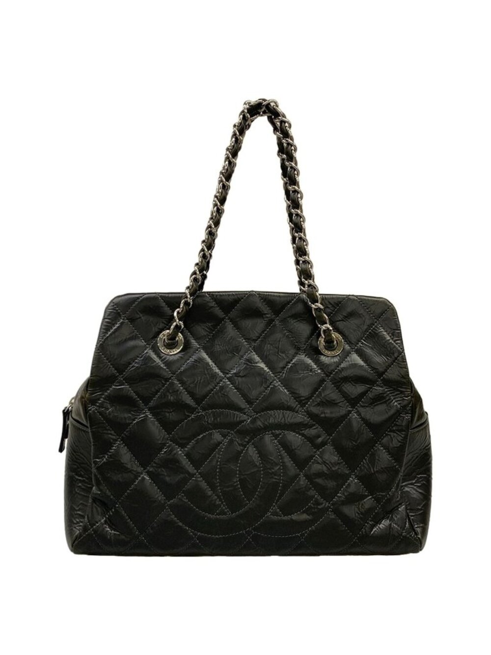 Chanel Handbag Quilted Black Chain Shoulder Silver